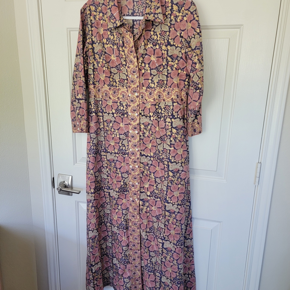 Oliphant Pink and Navy Floral Button-Front Maxi Dress
